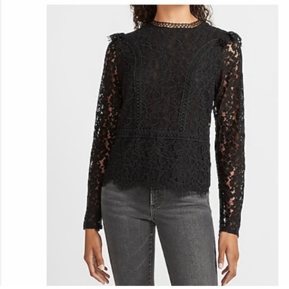 Express Tops - Express Black Scalloped Lace Hem Long Sleeve Blouse Size Medium